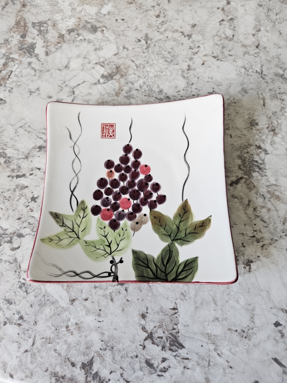 Hand-Painted Floral Square Ceramic Plate - White with Purple Berries